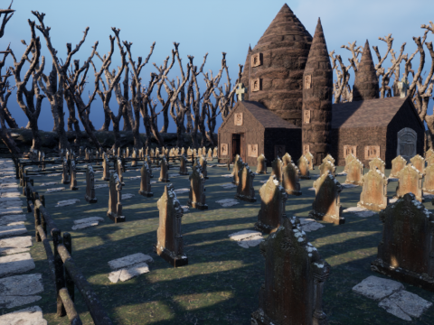 Haunted Church and Graveyard in a Dark Forest 3D Model