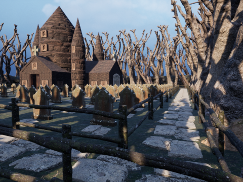 Haunted Church and Graveyard in a Dark Forest 3D Model