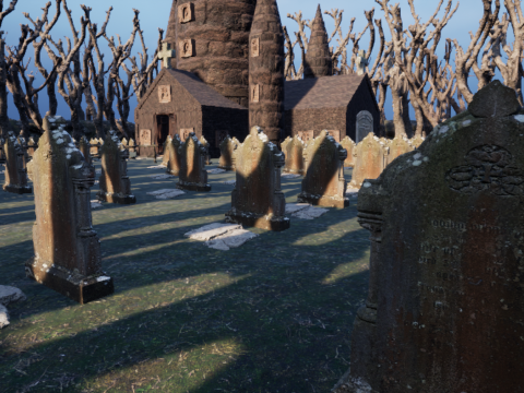Haunted Church and Graveyard in a Dark Forest 3D Model