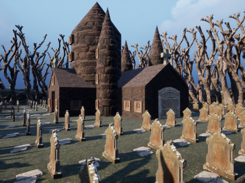 Haunted Church and Graveyard in a Dark Forest 3D Model