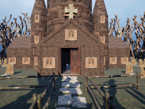 Haunted Church and Graveyard in a Dark Forest 3D Model