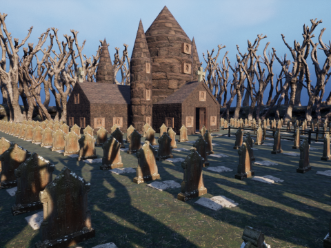 Haunted Church and Graveyard in a Dark Forest 3D Model