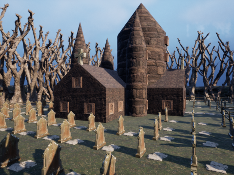 Haunted Church and Graveyard in a Dark Forest 3D Model