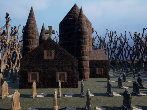 Haunted Church and Graveyard in a Dark Forest 3D Model
