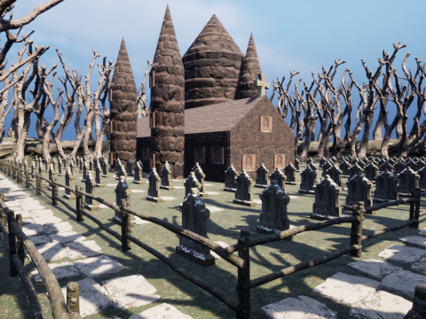 Haunted Church and Graveyard in a Dark Forest 3D Model