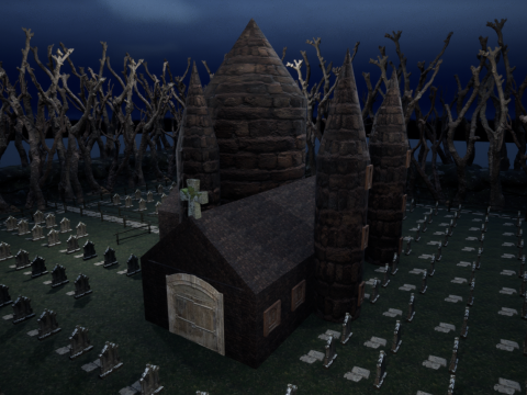 Haunted Church and Graveyard in a Dark Forest 3D Model