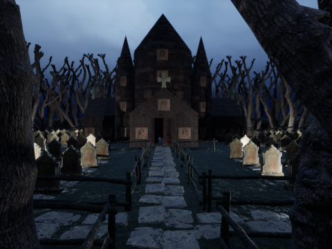 Haunted Church and Graveyard in a Dark Forest 3D Model