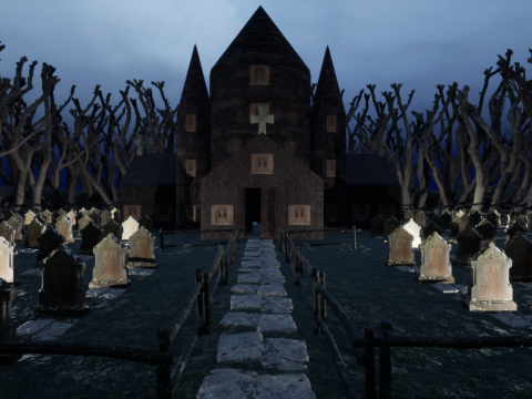 Haunted Church and Graveyard in a Dark Forest 3D Model