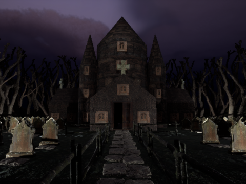 Haunted Church and Graveyard in a Dark Forest 3D Model