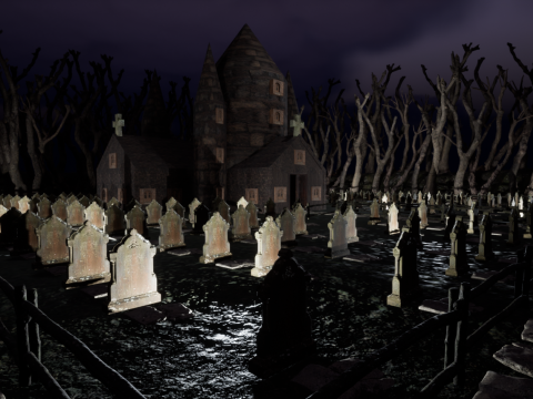 Haunted Church and Graveyard in a Dark Forest 3D Model