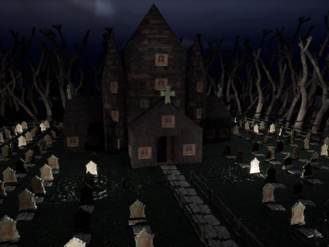 Haunted Church and Graveyard in a Dark Forest 3D Model