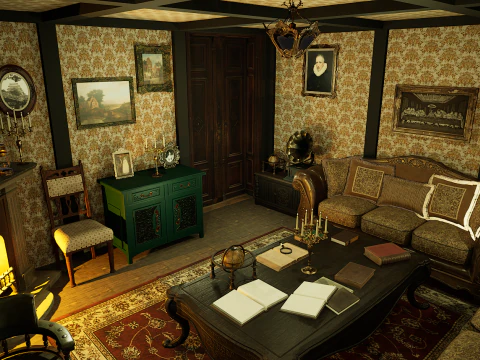 非常に詳細なビクトリア朝のリビング ルーム 3Dモデル