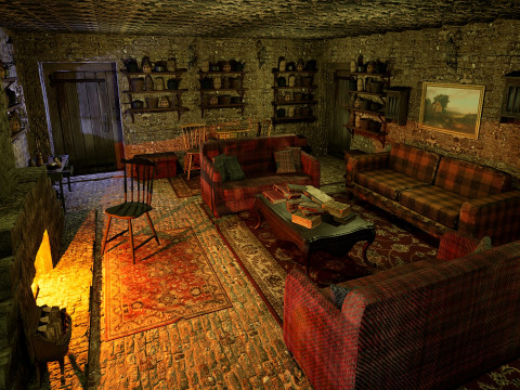 Cozy Stone Village House Room with Fireplace Model 3D