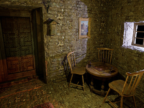 Cozy Stone Village House Room with Fireplace 3D Model