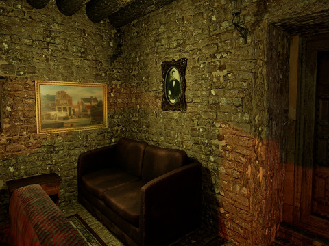 Cozy Stone Village House Room with Fireplace 3D Model
