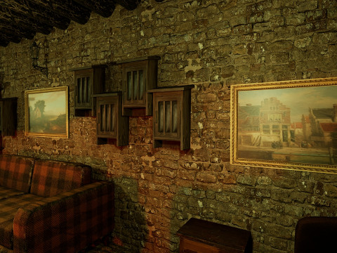 Cozy Stone Village House Room with Fireplace 3D Model