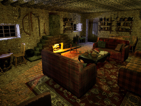 Cozy Stone Village House Room with Fireplace 3D Model