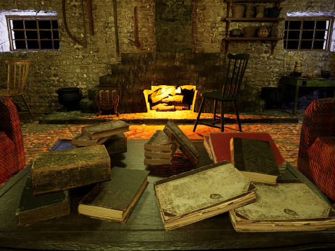 Cozy Stone Village House Room with Fireplace 3D Model