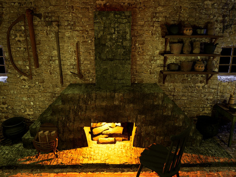 Cozy Stone Village House Room with Fireplace 3D Model