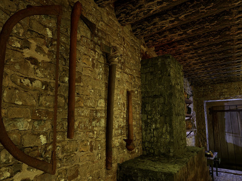 Cozy Stone Village House Room with Fireplace 3D Model