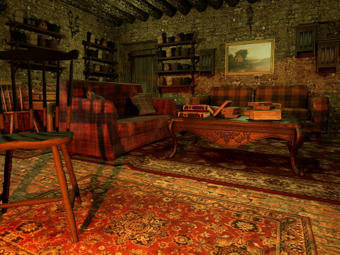 Cozy Stone Village House Room with Fireplace 3D Model