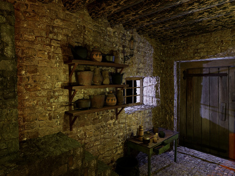 Cozy Stone Village House Room with Fireplace 3D Model
