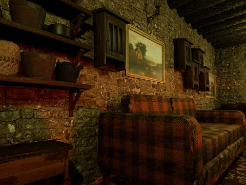 Cozy Stone Village House Room with Fireplace 3D Model