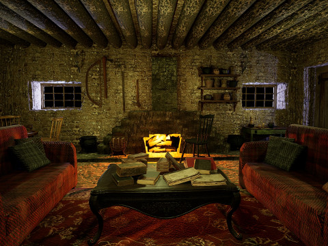 Cozy Stone Village House Room with Fireplace 3D Model