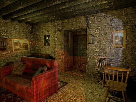Cozy Stone Village House Room with Fireplace 3D Model