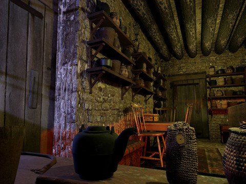 Cozy Stone Village House Room with Fireplace 3D Model