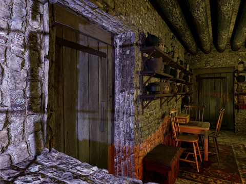 Cozy Stone Village House Room with Fireplace 3D Model