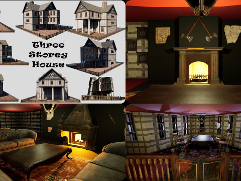 Three Storey House Interior Exterior 3D 모델