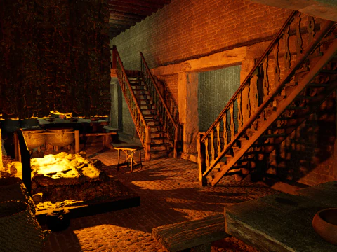 Big Celtic Medieval Tavern 3 Rooms Exterior Interior 3D Model