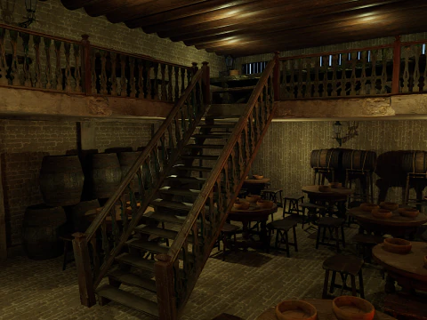 Mega Celtic Medieval Tavern Two Storey Exterior Interior 3D Model