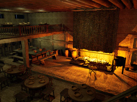 Mega Celtic Medieval Tavern Two Storey Exterior Interior 3D Model