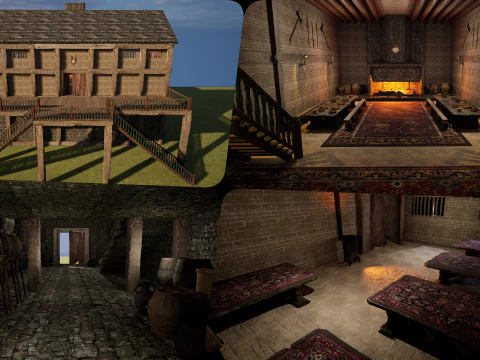 Medieval Celtic Village House and Barn Exterior Interior 3D Model