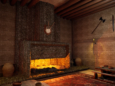 Medieval Celtic Village House and Barn Exterior Interior 3D Model