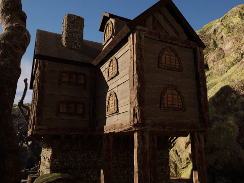 Rustic Medieval Cliffside House 3D Model