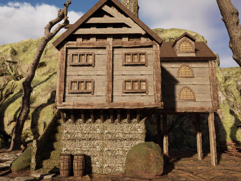 Rustic Medieval Cliffside House 3D Model
