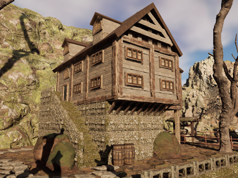 Rustic Medieval Cliffside House Model 3D