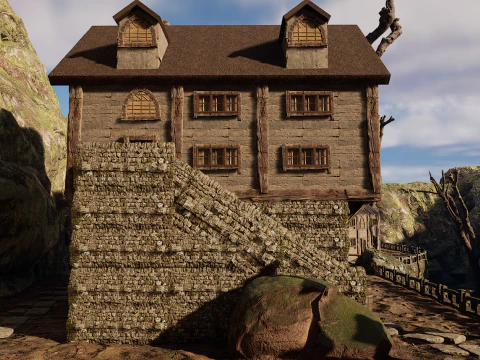Rustic Medieval Cliffside House 3D Model