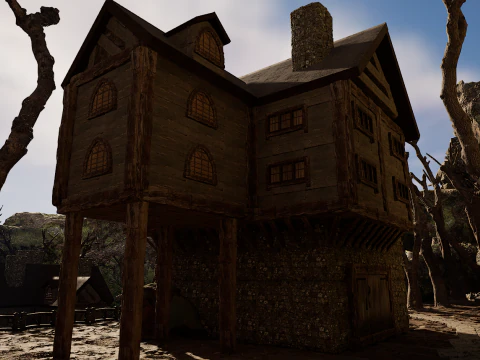 Rustic Medieval Cliffside House 3D Model