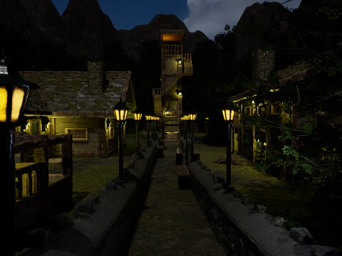 신비한 황혼의 목재 마을 숨막히는 환상의 마을 환경 3D 모델