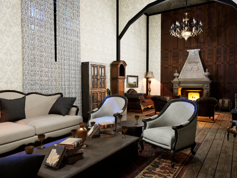 Gothic Victorian Grand Parlour Ornate Living Room 3D Model