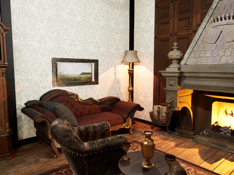 Gothic Victorian Grand Parlour Ornate Living Room 3D Model