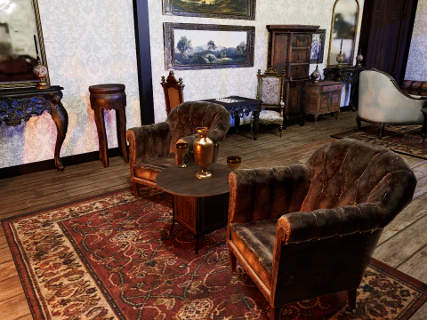 Gothic Victorian Grand Parlour Ornate Living Room 3D Model