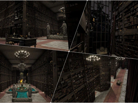 Wspaniała, ogromna gotycka biblioteka, przypominająca wnętrze katedry Model 3D