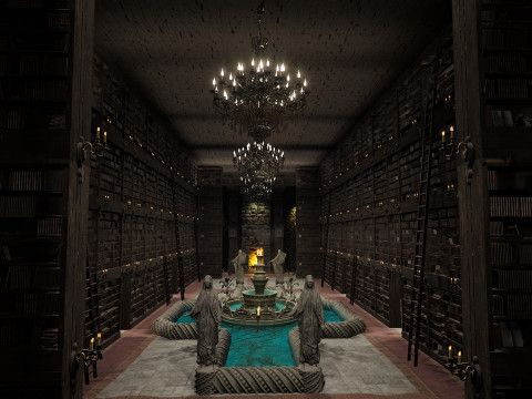 Magnificent Huge Gothic Library Cathedral-Like Interior Environment 3D 모델