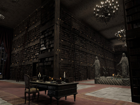 Magnificent Huge Gothic Library Cathedral-Like Interior Environment 3D 모델