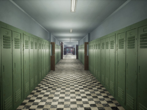 Объединенная средняя школа Redwood Valley. Крупномасштабная образовательная внутренняя среда 1990-х годов. 3D Модель